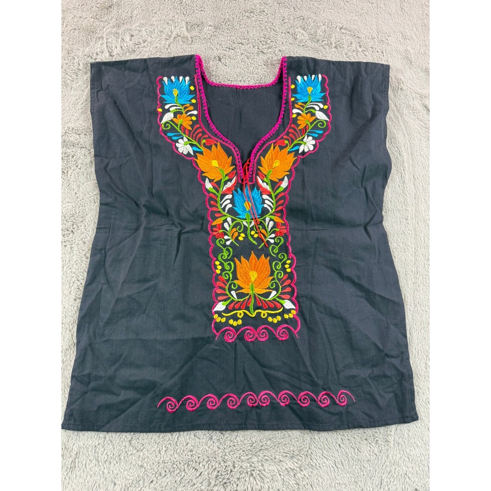 Womens Black Embroidered Mexican Tunic Top‎ Short Sleeve Floral Blouse Festival